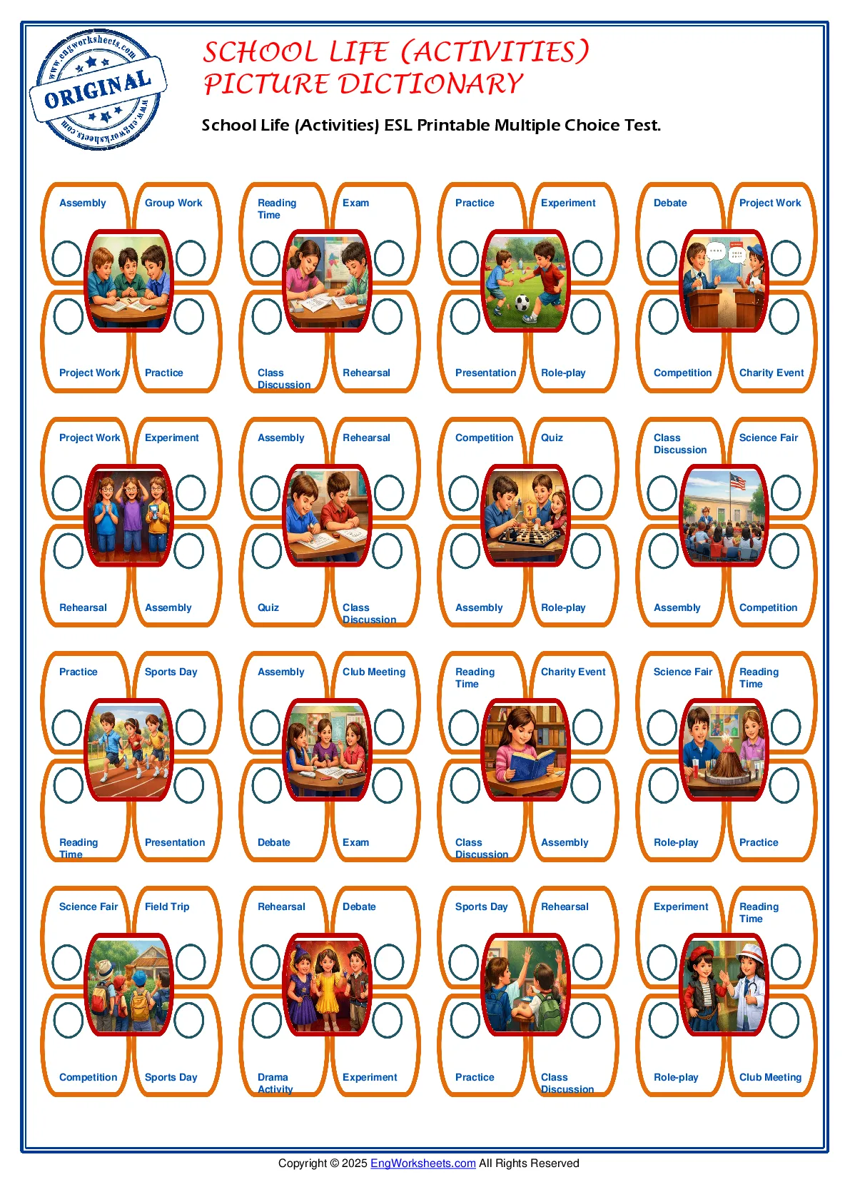 School Life (Activities) ESL Printable Multiple Choice Test. Worksheet Preview