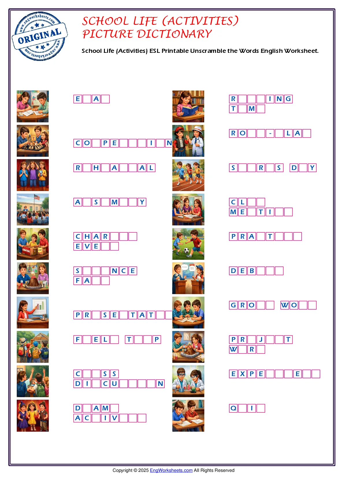 School Life (Activities) ESL Printable Unscramble the Words English Worksheet. Worksheet Preview