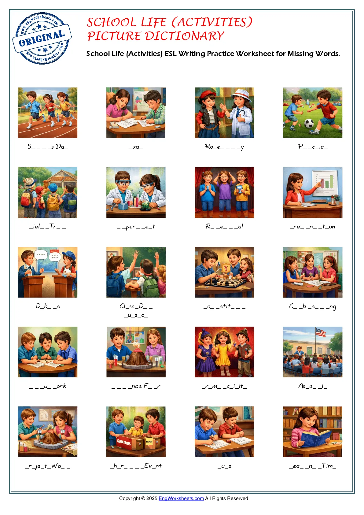 School Life (Activities) ESL Writing Practice Worksheet for Missing Words. Worksheet Preview