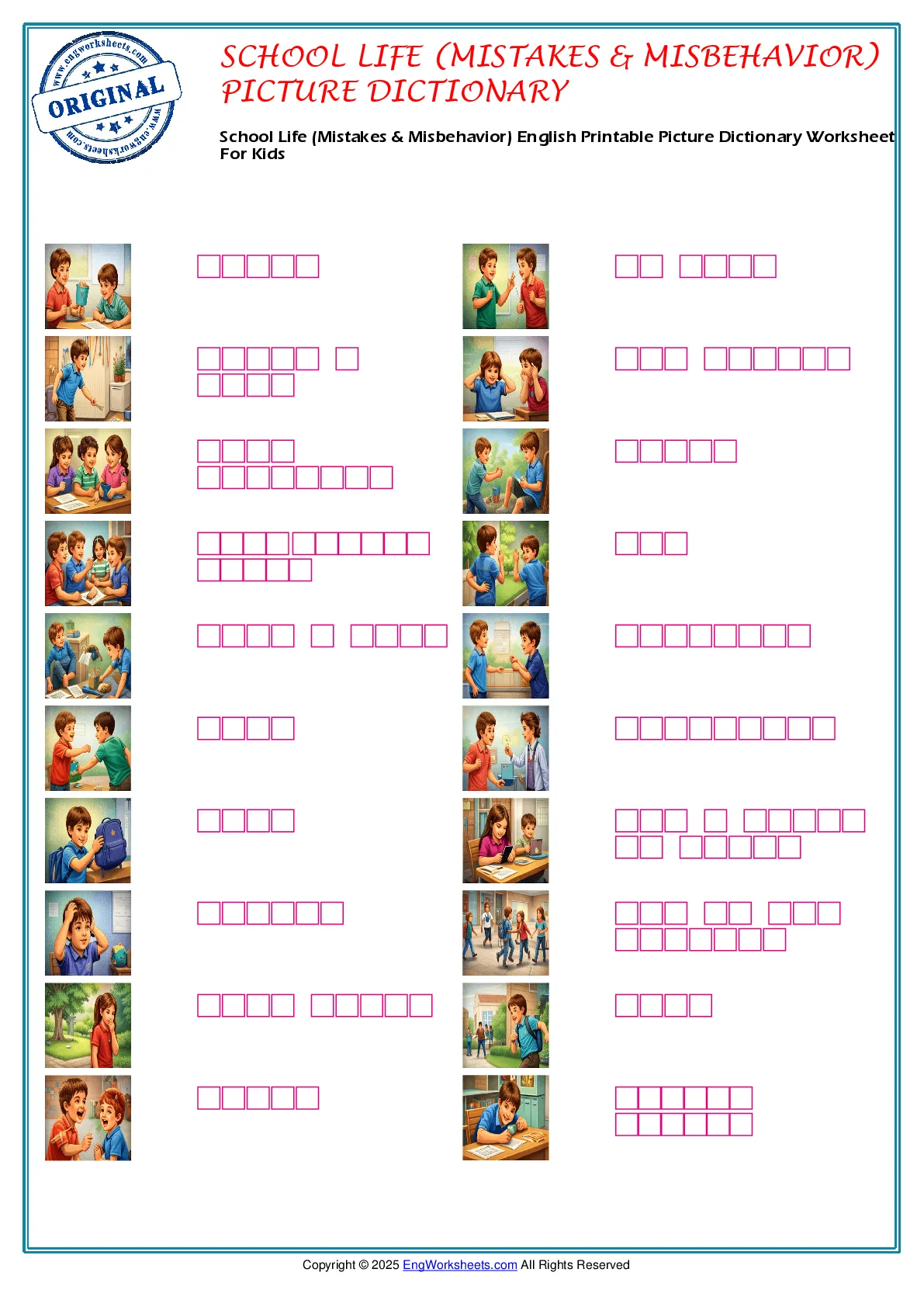 School Life (Mistakes & Misbehavior) English Printable Picture Dictionary Worksheet For Kids Worksheet Preview