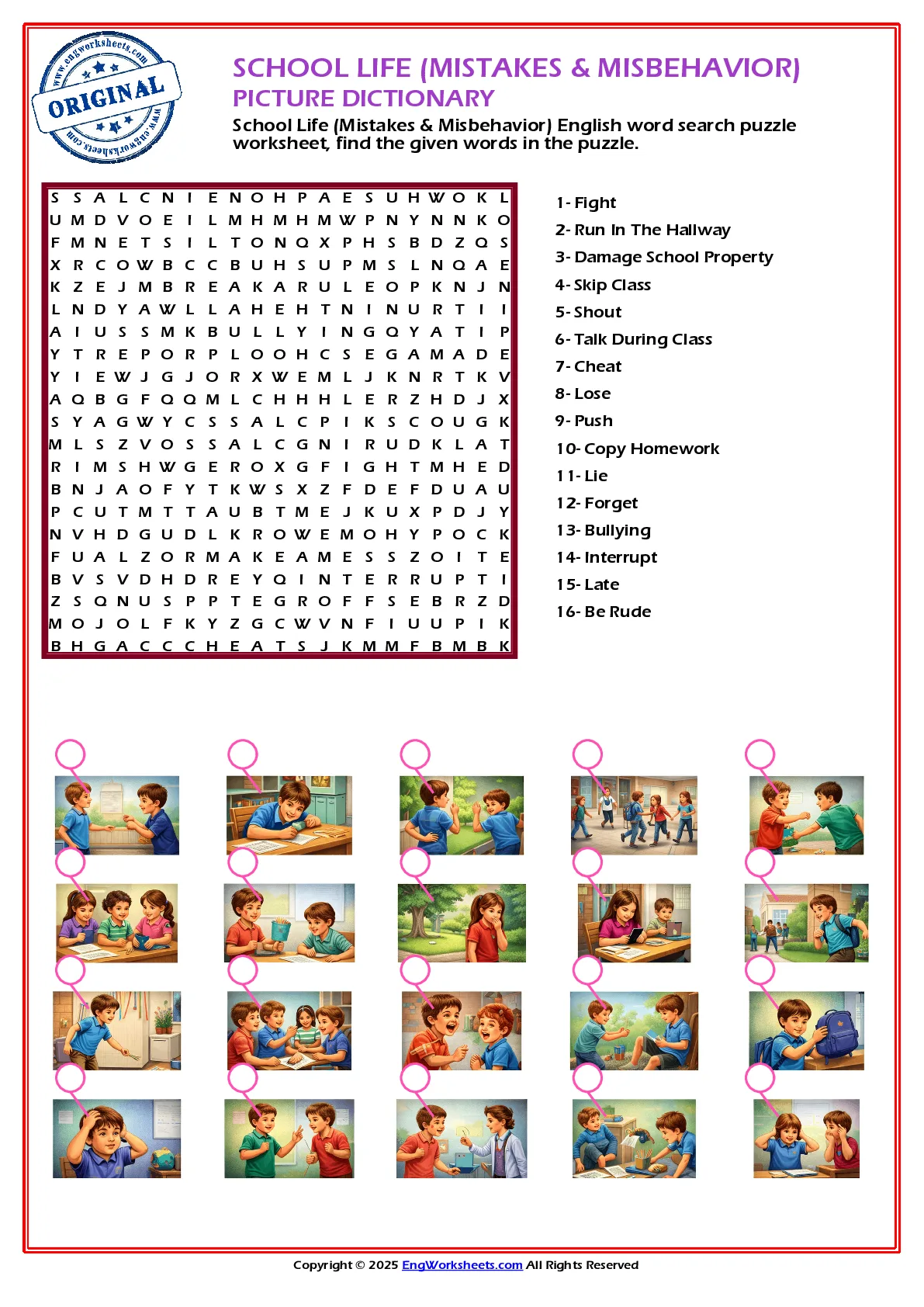 School Life (Mistakes & Misbehavior) English word search puzzle worksheet, find the given words in the puzzle. Worksheet Preview
