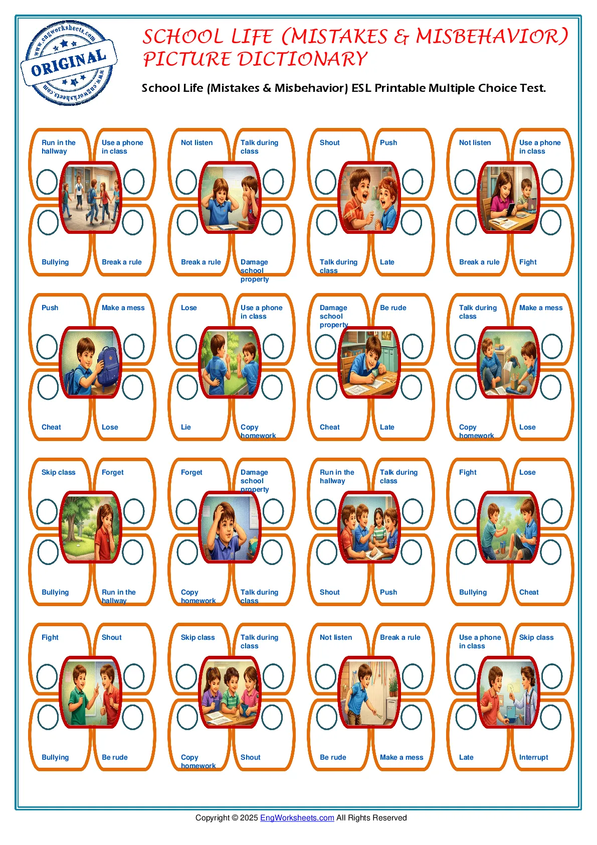 School Life (Mistakes & Misbehavior) ESL Printable Multiple Choice Test. Worksheet Preview