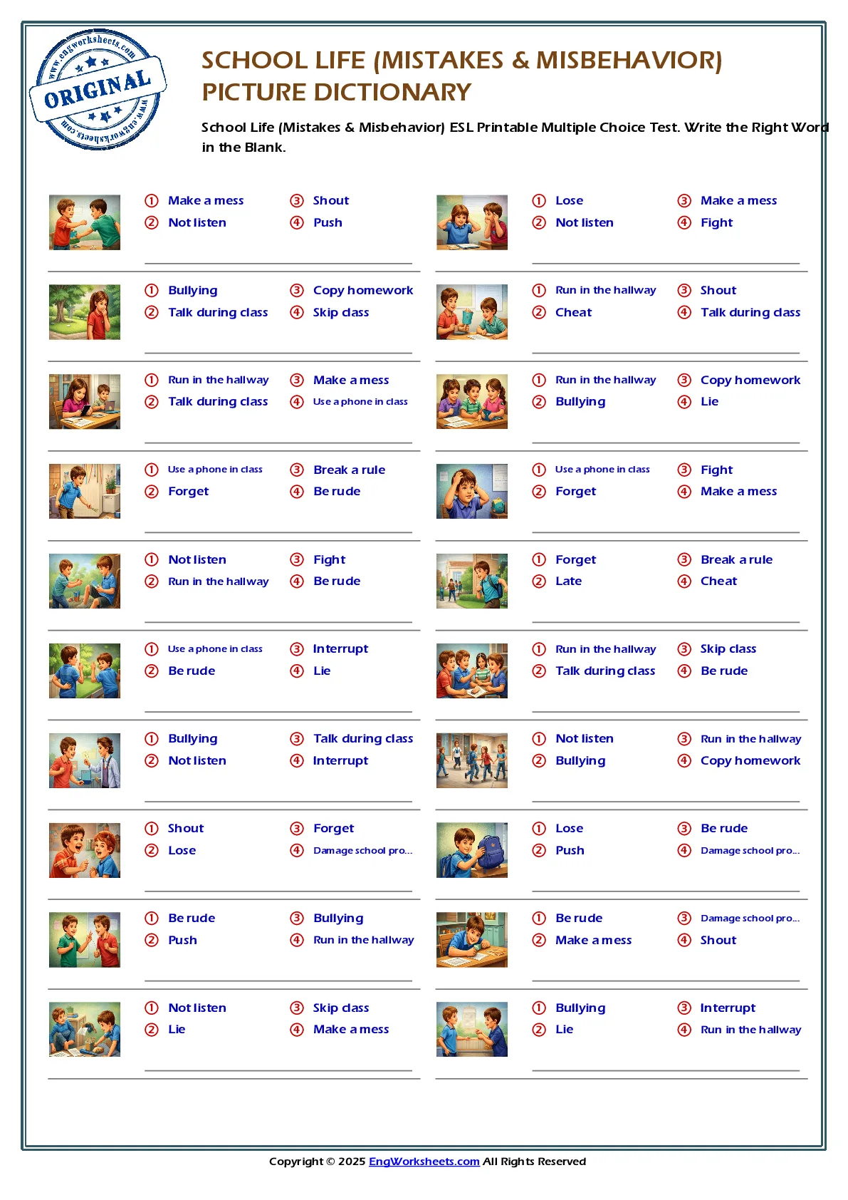 School Life (Mistakes & Misbehavior) ESL Printable Multiple Choice Test. Write the Right Word in the Blank. Worksheet Preview
