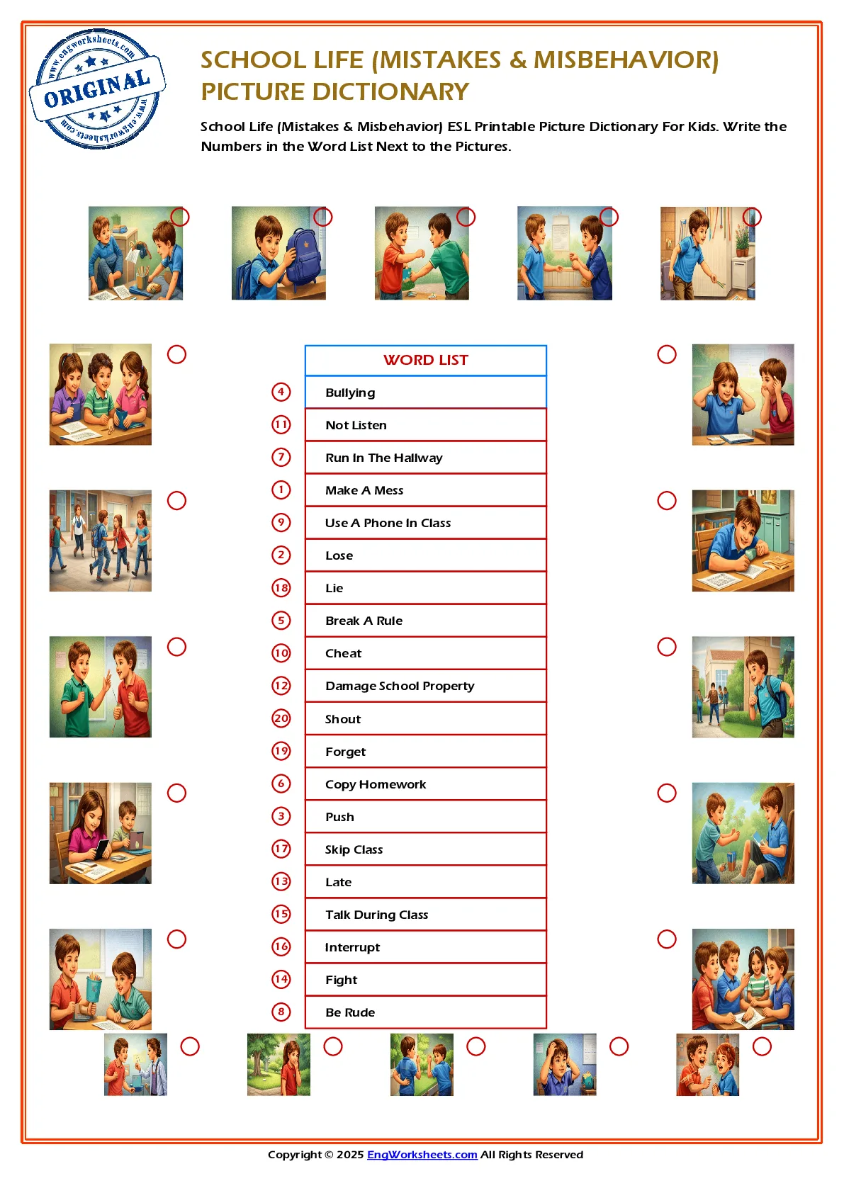 School Life (Mistakes & Misbehavior) ESL Printable Picture Dictionary For Kids. Write the Numbers in the Word List Next to the Pictures. Worksheet Preview