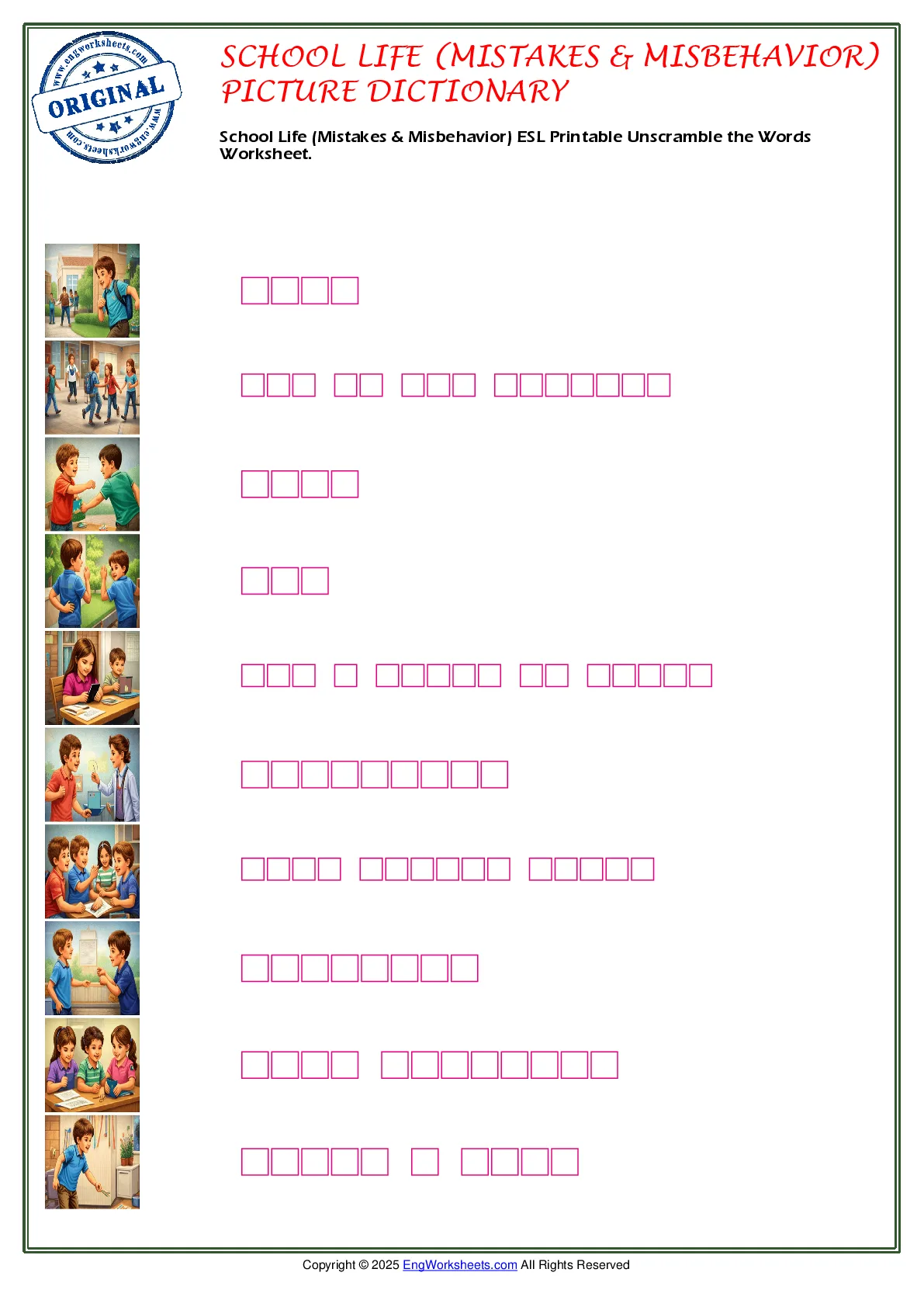 School Life (Mistakes & Misbehavior) ESL Printable Unscramble the Words Worksheet. Worksheet Preview