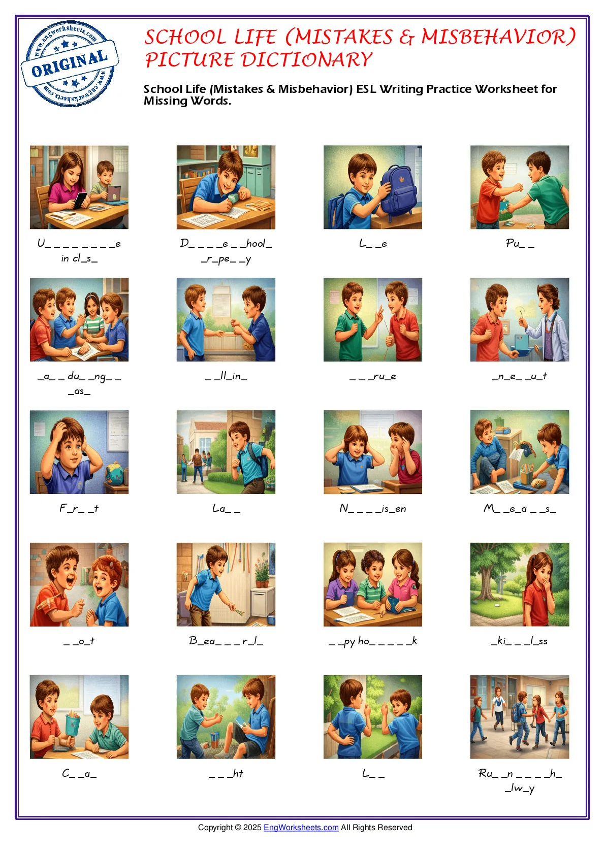 School Life (Mistakes & Misbehavior) ESL Writing Practice Worksheet for Missing Words. Worksheet Preview