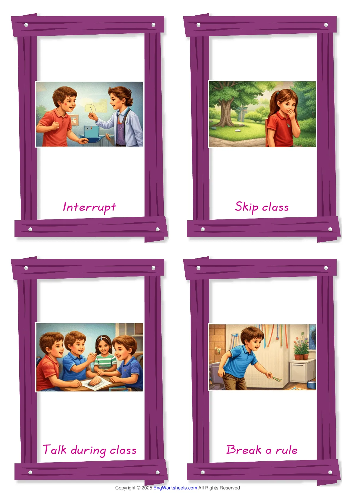 School Life (Mistakes & Misbehavior) vocabulary worksheet with words, four images per page Worksheet Preview