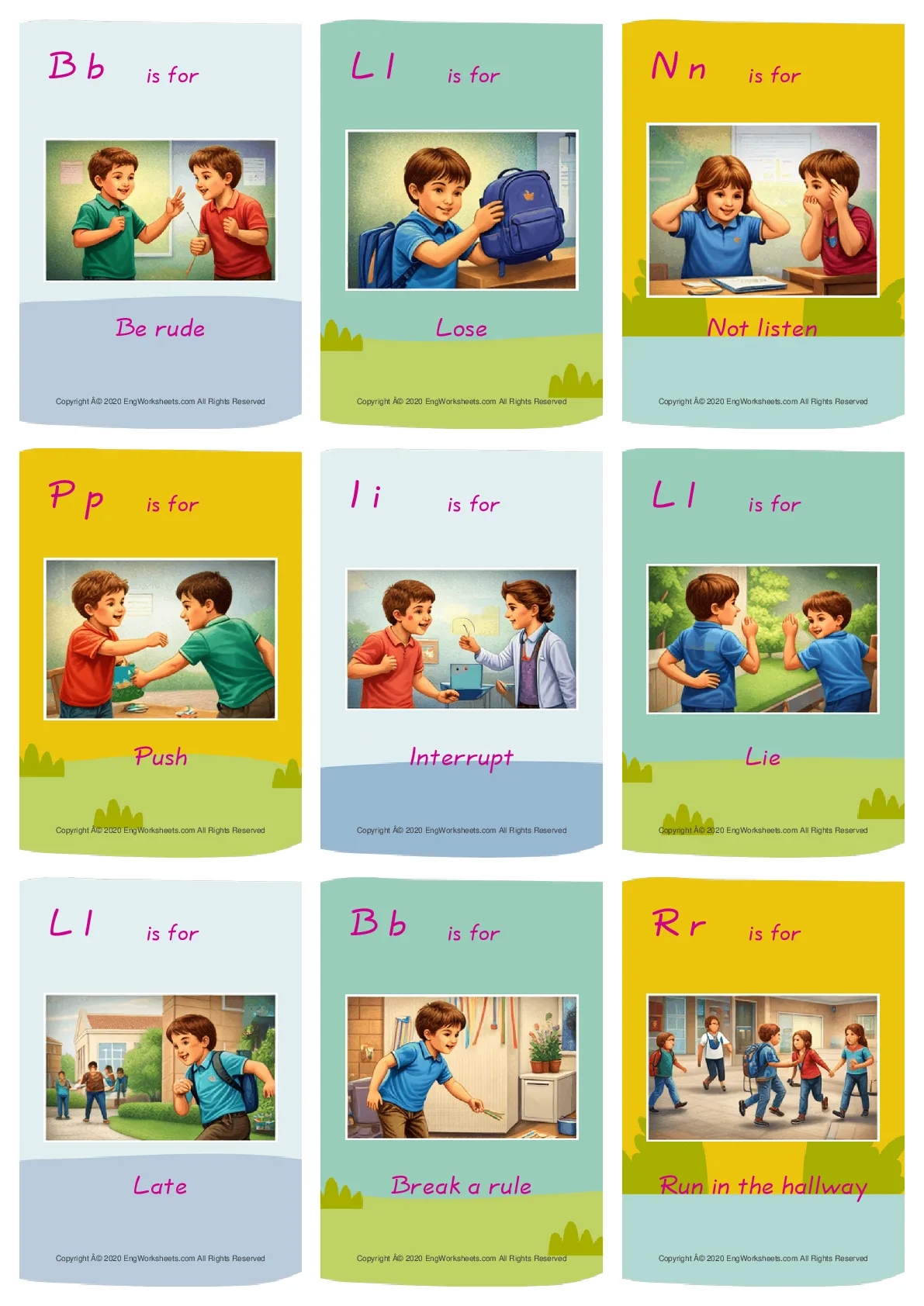School Life (Mistakes & Misbehavior) vocabulary worksheet with words, nine images per page Worksheet Preview