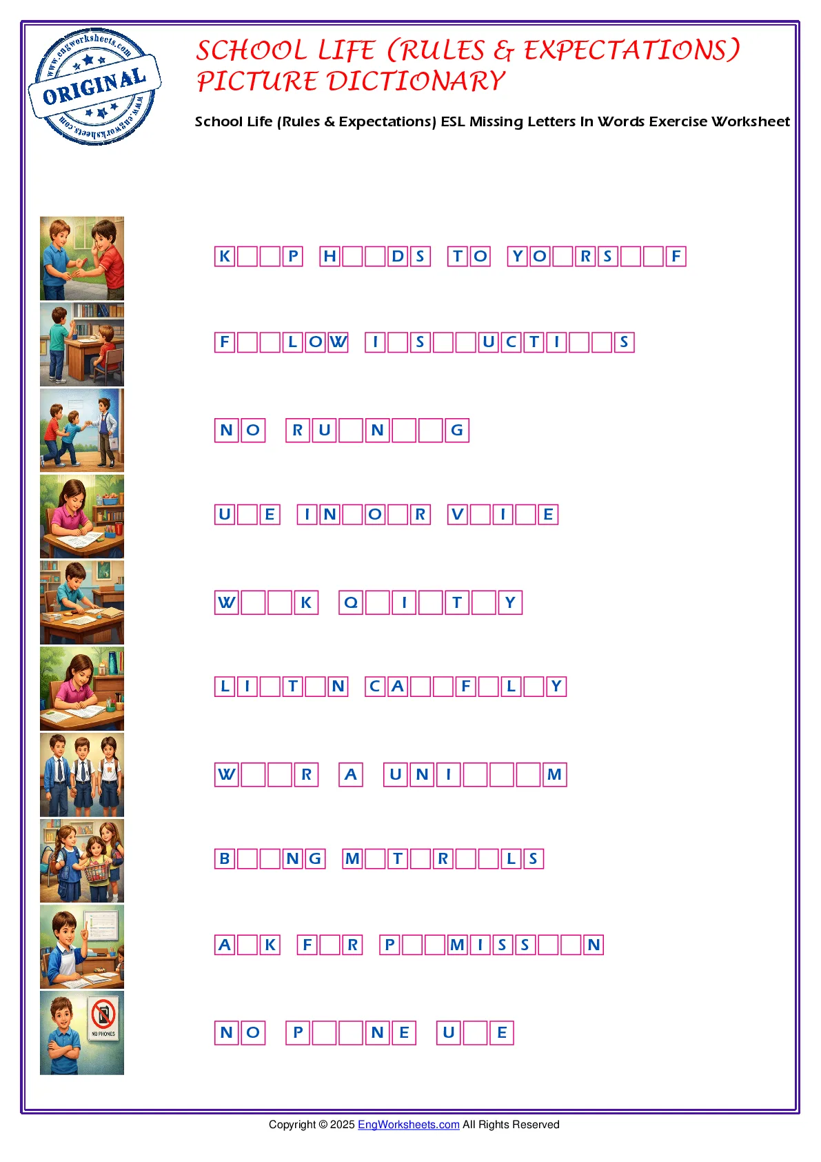 School Life (Rules & Expectations) ESL Missing Letters In Words Exercise Worksheet Worksheet Preview