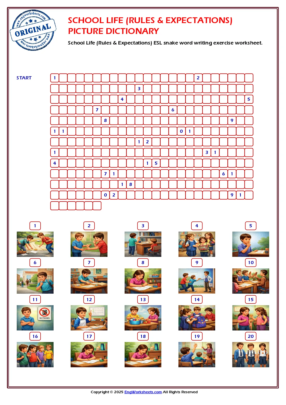 School Life (Rules & Expectations) ESL snake word writing exercise worksheet. Worksheet Preview