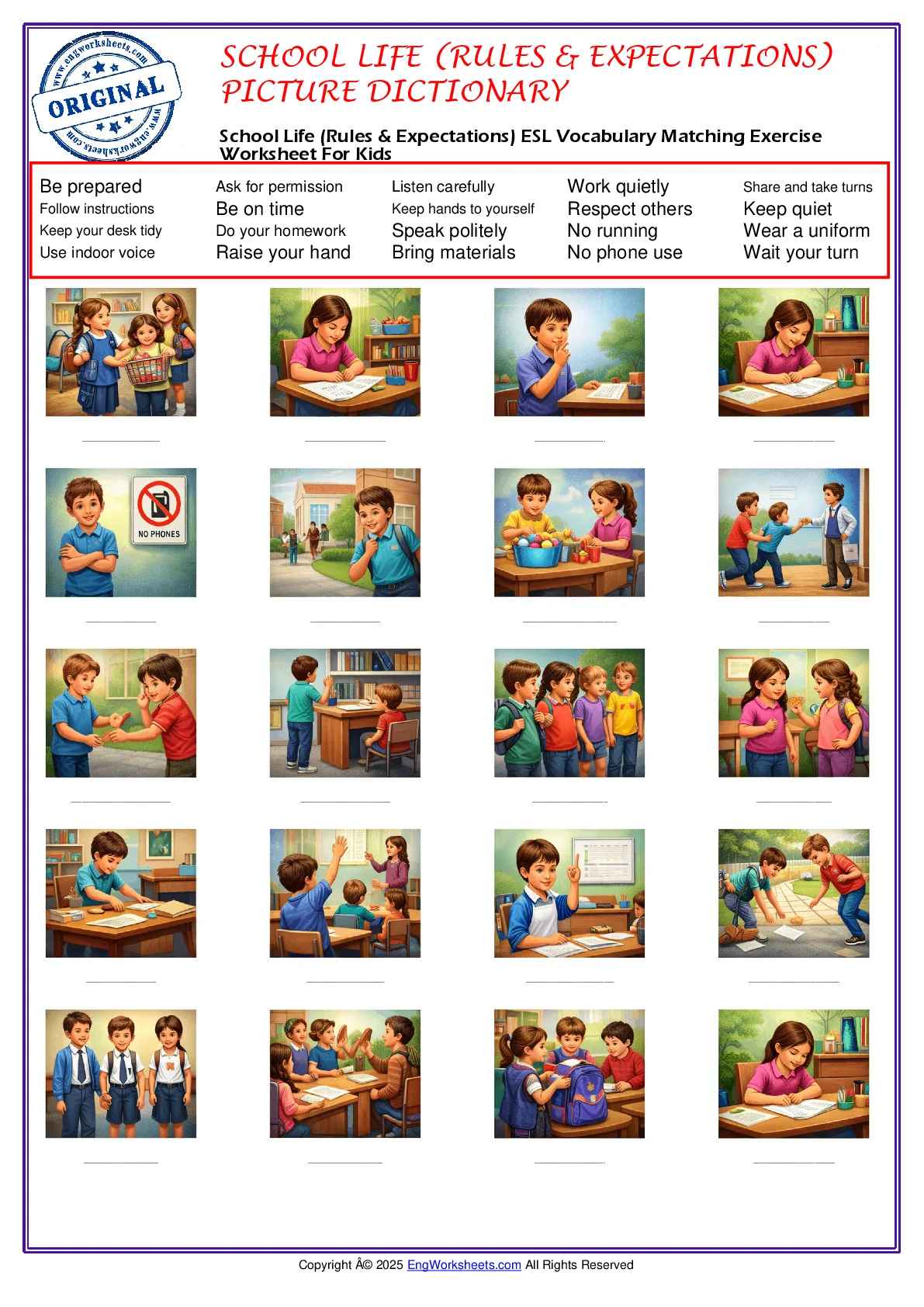 School Life (Rules & Expectations) ESL Vocabulary Matching Exercise Worksheet For Kids Worksheet Preview