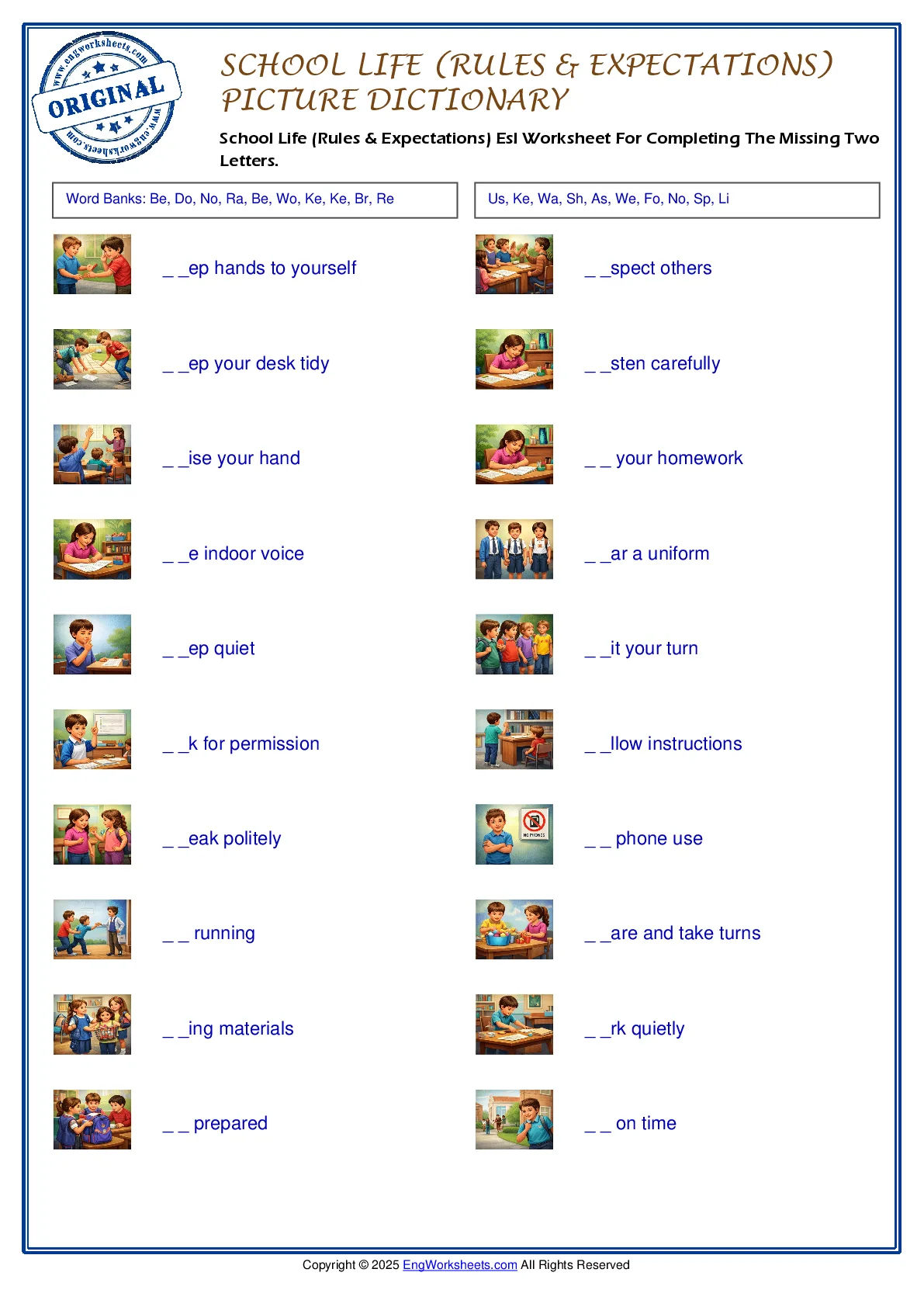 School Life (Rules & Expectations) Esl Worksheet For Completing The Missing Two Letters. Worksheet Preview