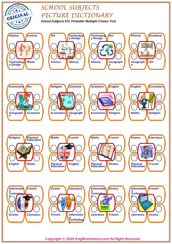 School Subjects ESL Printable Multiple Choice Test.
