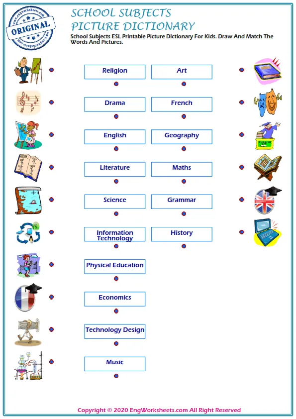 School Subjects ESL Printable Picture Dictionary For Kids. Draw And Match The Words And Pictures. Worksheet Preview