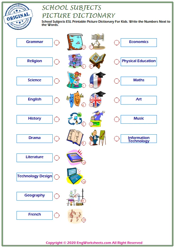 School Subjects ESL Printable Picture Dictionary For Kids. Write the Numbers Next to the Words. Worksheet Preview