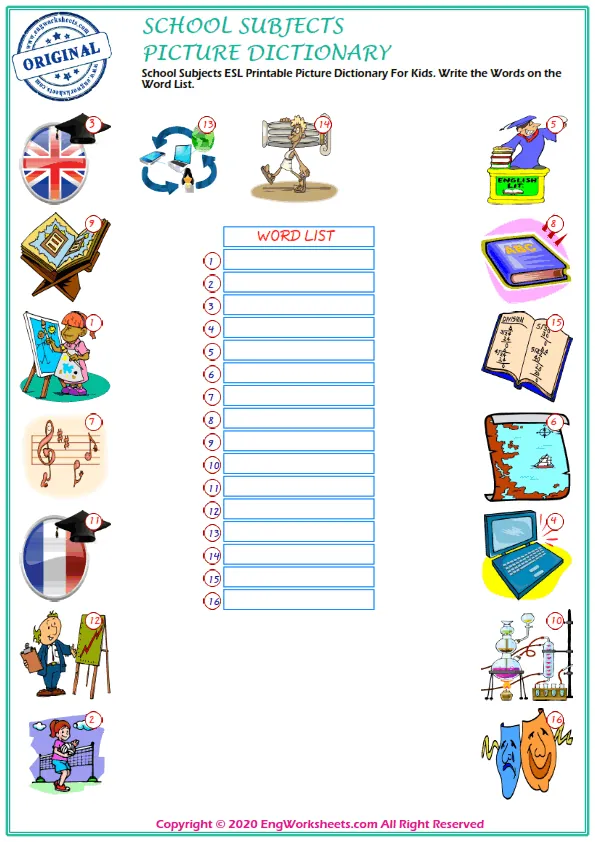 School Subjects ESL Printable Picture Dictionary For Kids. Write the Words on the Word List. Worksheet Preview