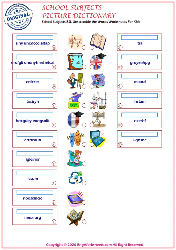 School Subjects ESL Unscramble the Words Worksheets For Kids Worksheet Preview