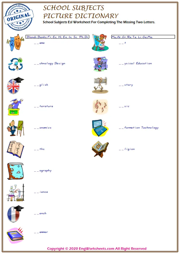 School Subjects Esl Worksheet For Completing The Missing Two Letters. Worksheet Preview