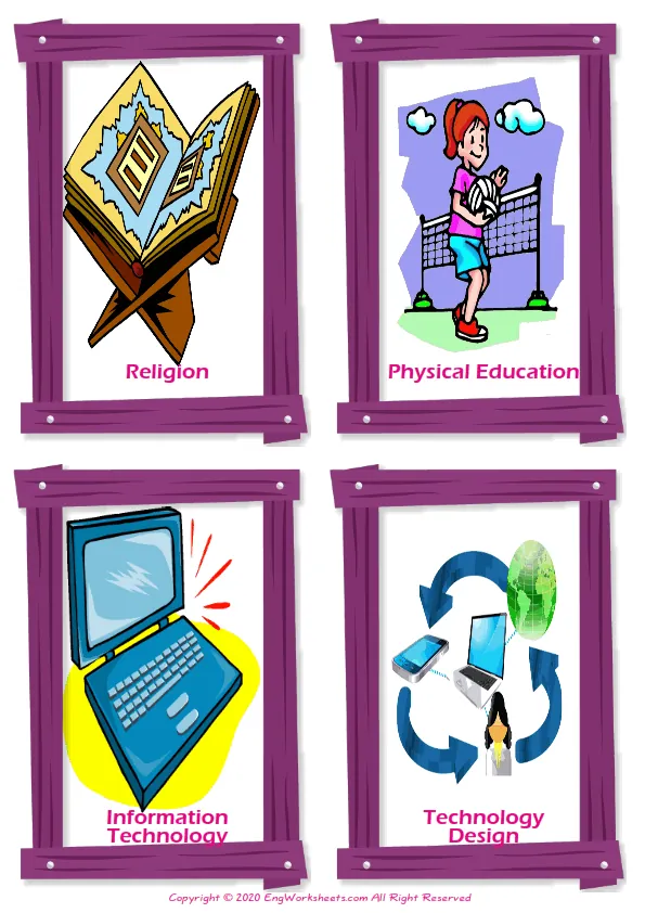 School Subjects vocabulary worksheet with words, four images per page Worksheet Preview