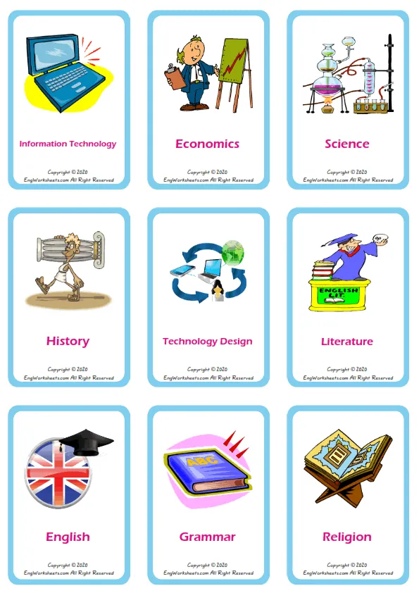 School Subjects vocabulary worksheet with words, nine images per page Worksheet Preview