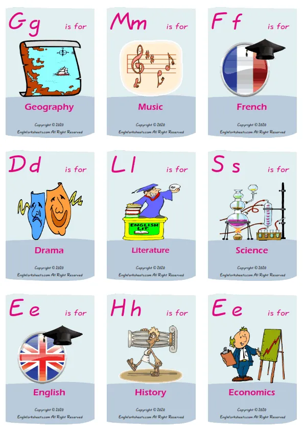 School Subjects vocabulary worksheet with words, nine images per page Worksheet Preview