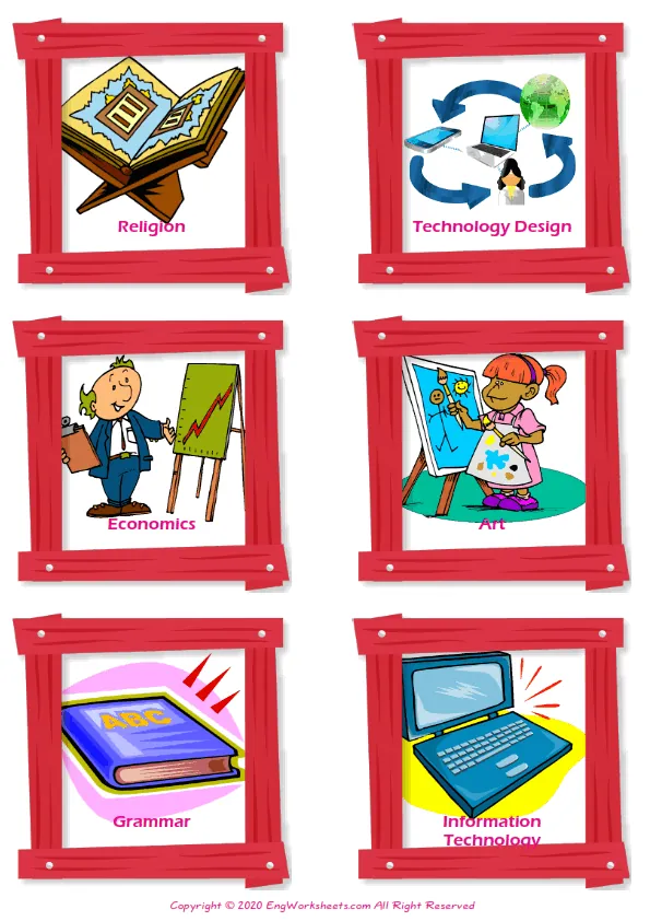 School Subjects vocabulary worksheet with words, six images per page Worksheet Preview