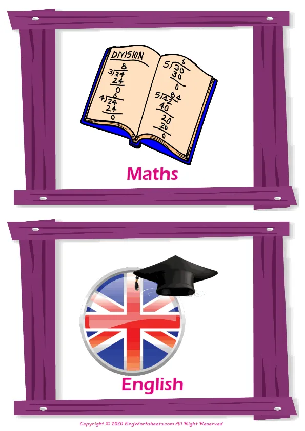 School Subjects vocabulary worksheet with words, two images per page Worksheet Preview