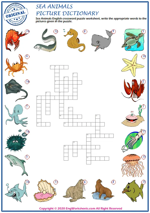 Sea Animals English crossword puzzle worksheet, write the appropriate words to the pictures given in the puzzle. Worksheet Preview