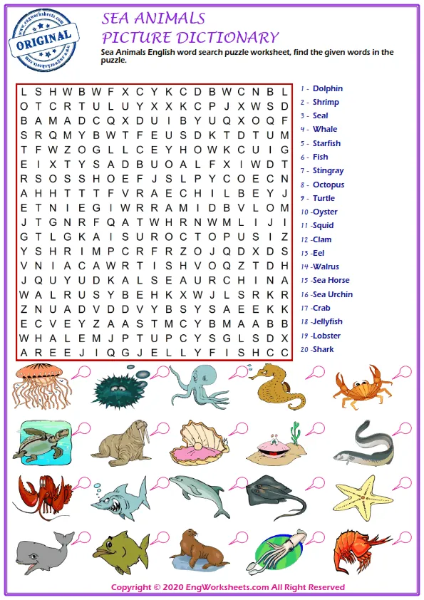 Sea Animals English word search puzzle worksheet, find the given words in the puzzle.
