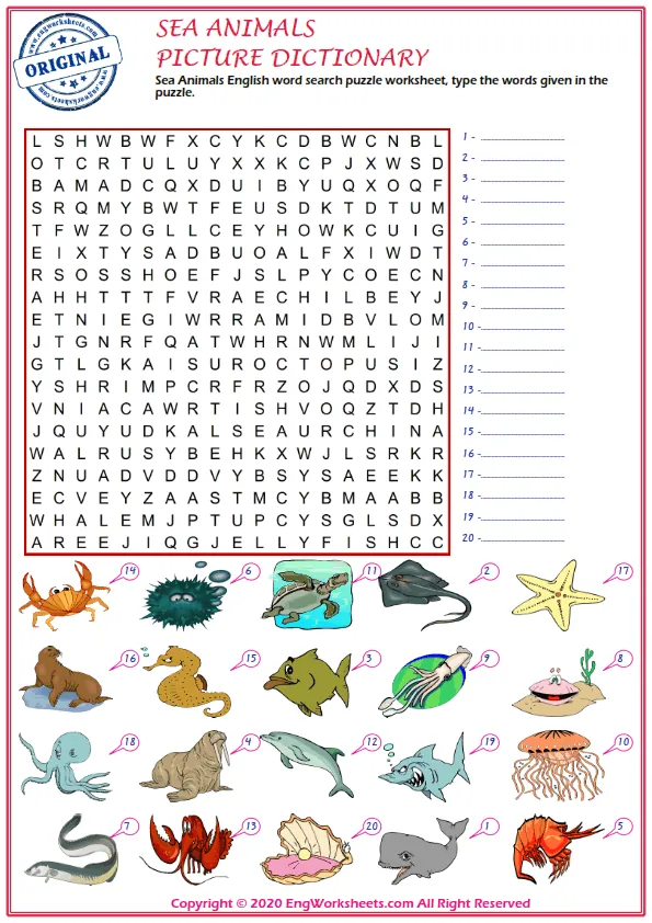 Sea Animals English word search puzzle worksheet, type the words given in the puzzle.