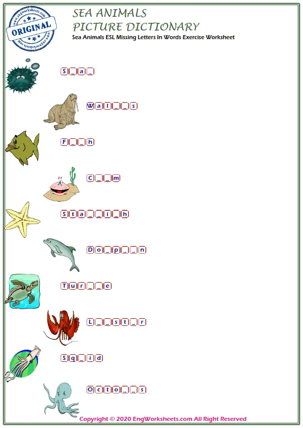 Sea Animals ESL Missing Letters In Words Exercise Worksheet