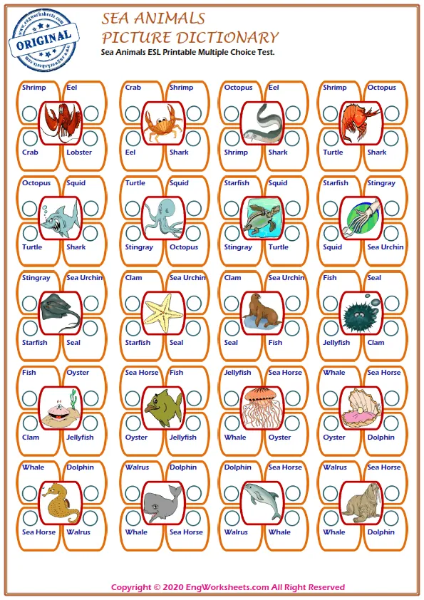 Sea Animals ESL Printable Multiple Choice Test.