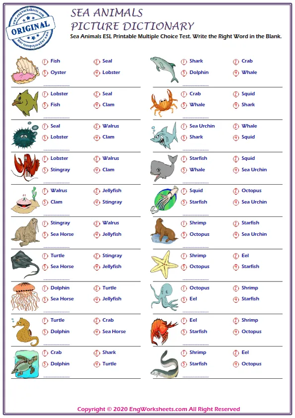 Sea Animals ESL Printable Multiple Choice Test. Write the Right Word in the Blank.