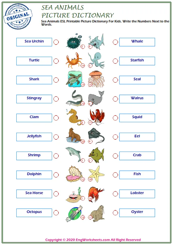 Sea Animals ESL Printable Picture Dictionary For Kids. Write the Numbers Next to the Words.