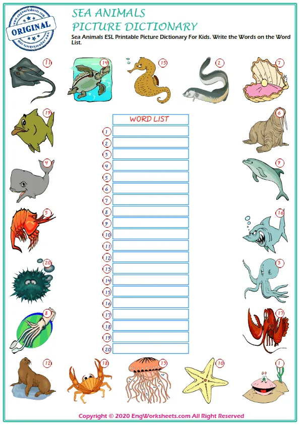 Sea Animals ESL Printable Picture Dictionary For Kids. Write the Words on the Word List.