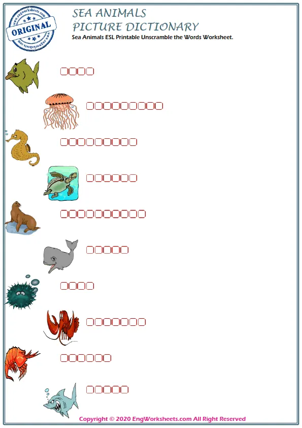 Sea Animals ESL Printable Unscramble the Words Worksheet. Worksheet Preview