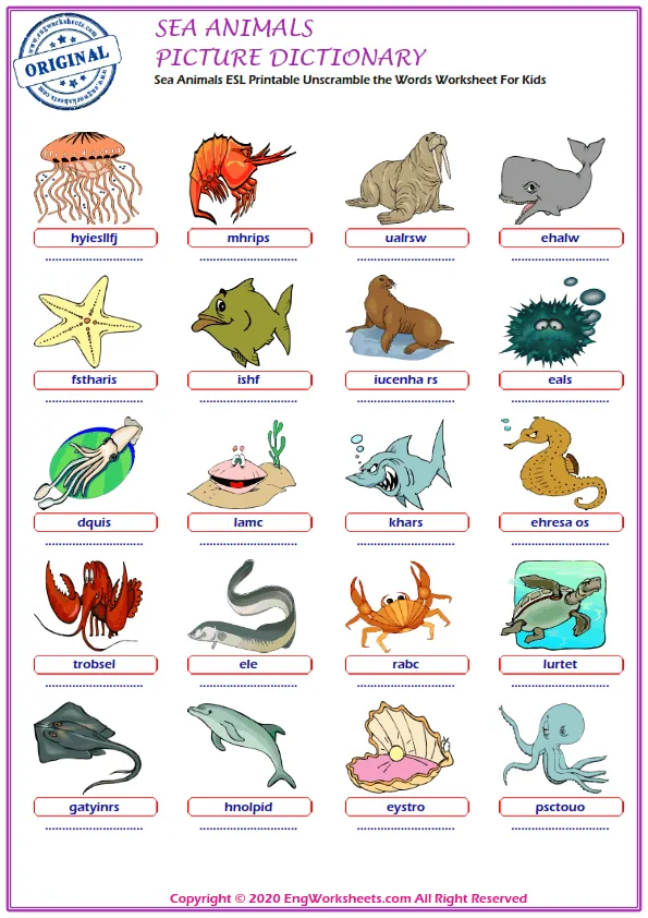 Sea Animals ESL Printable Unscramble the Words Worksheet For Kids Worksheet Preview