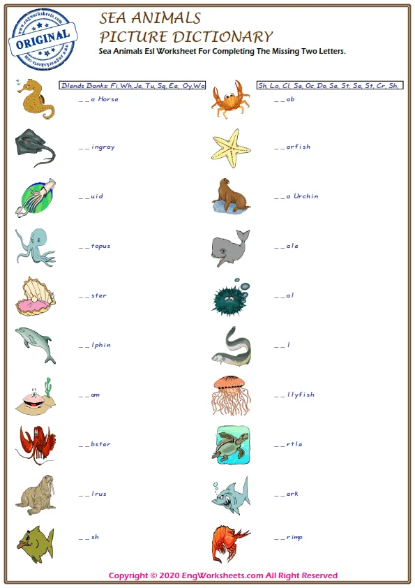 Sea Animals Esl Worksheet For Completing The Missing Two Letters.
