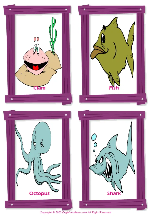 Sea Animals vocabulary worksheet with words, four images per page