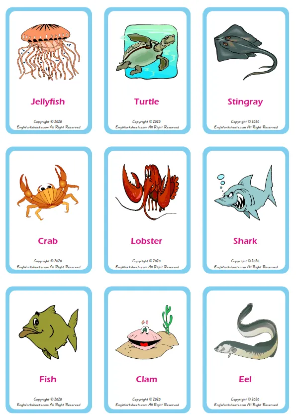 Sea Animals vocabulary worksheet with words, nine images per page