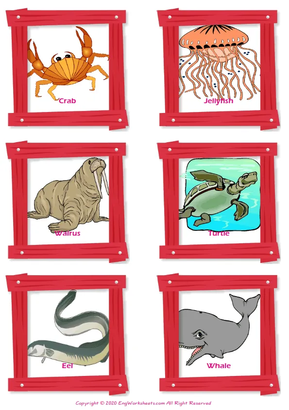 Sea Animals vocabulary worksheet with words, six images per page