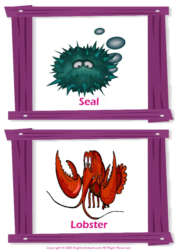 Sea Animals vocabulary worksheet with words, two images per page