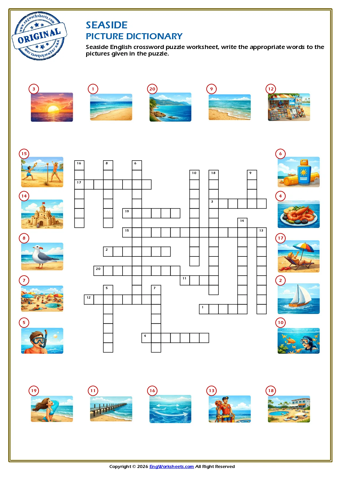 Seaside English crossword puzzle worksheet, write the appropriate words to the pictures given in the puzzle. Worksheet Preview