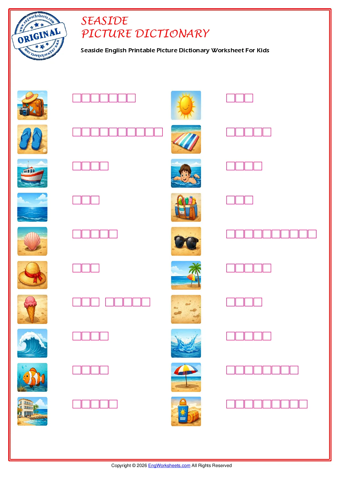 Seaside English Printable Picture Dictionary Worksheet For Kids Worksheet Preview