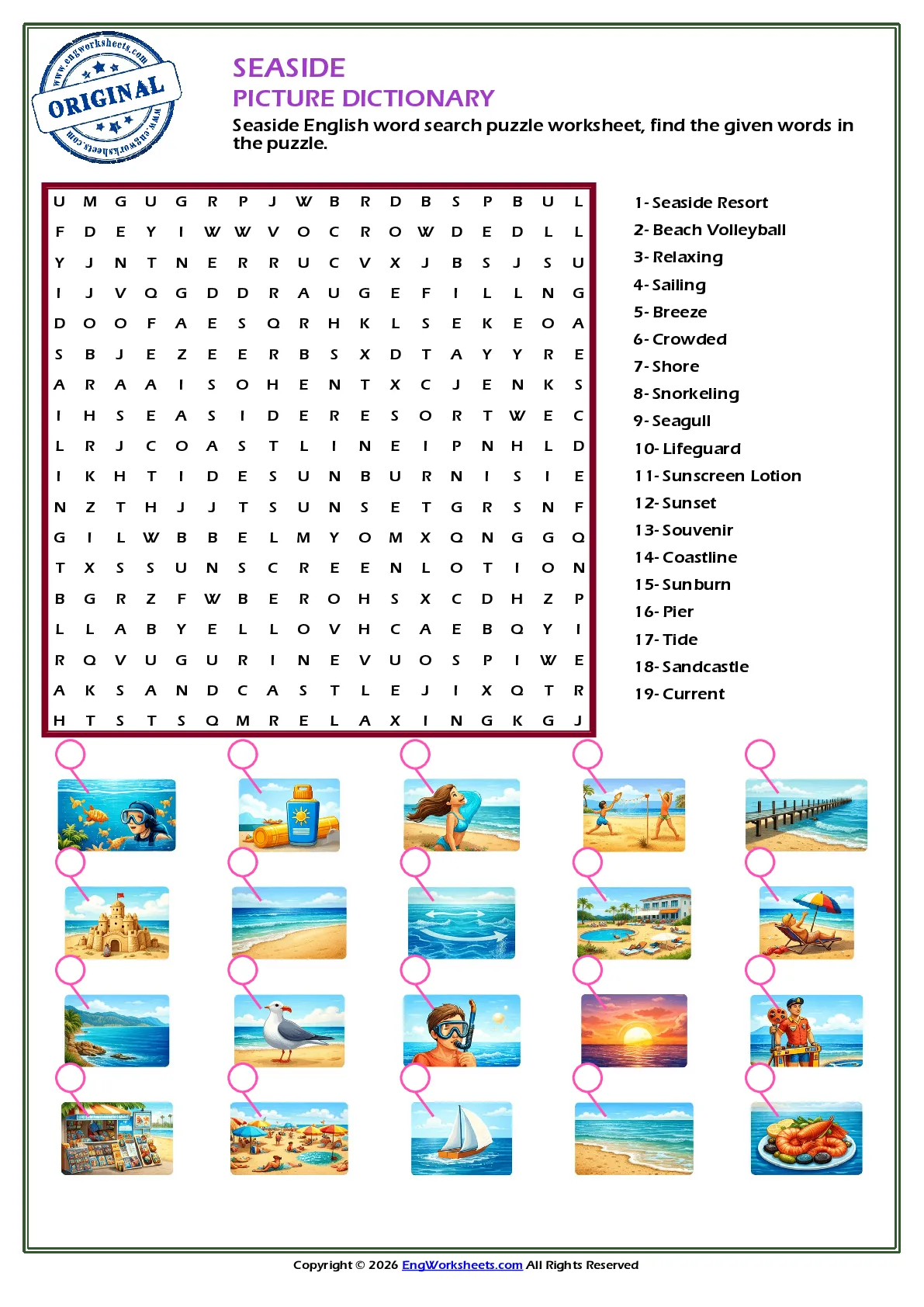 Seaside English word search puzzle worksheet, find the given words in the puzzle. Worksheet Preview