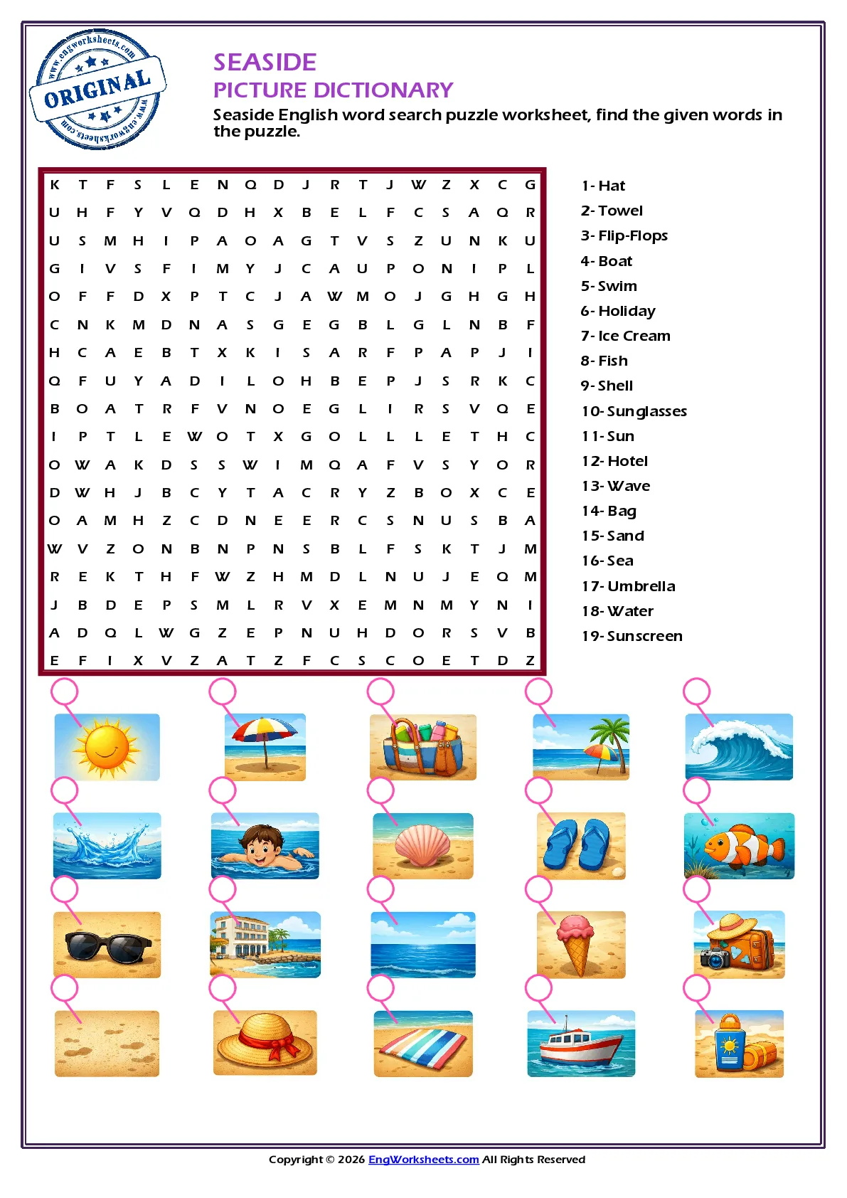 Seaside English word search puzzle worksheet, find the given words in the puzzle. Worksheet Preview