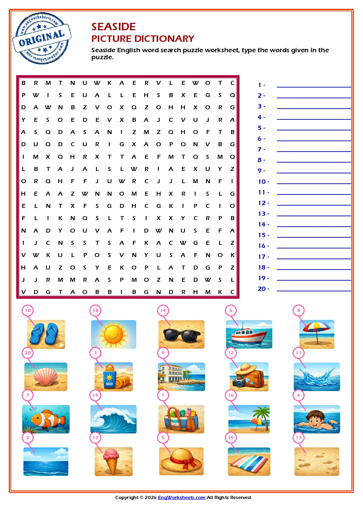 Seaside English word search puzzle worksheet, type the words given in the puzzle. Worksheet Preview