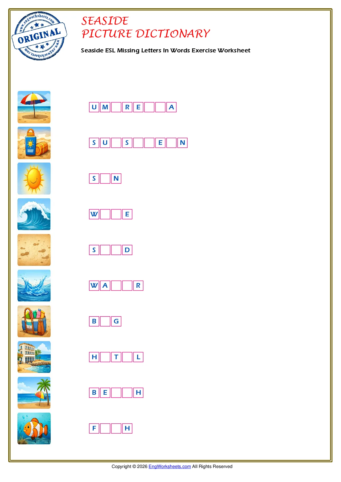 Seaside ESL Missing Letters In Words Exercise Worksheet Worksheet Preview