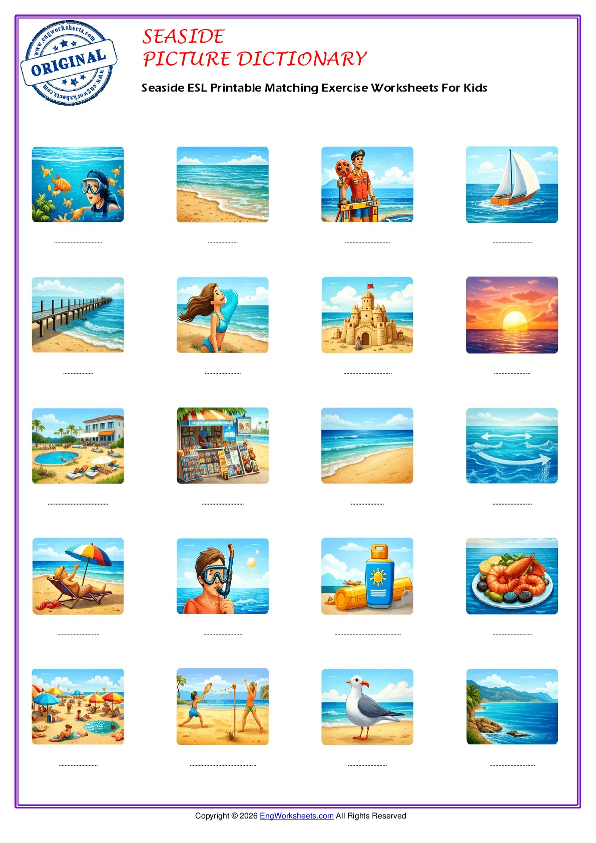 Seaside ESL Printable Matching Exercise Worksheets For Kids Worksheet Preview