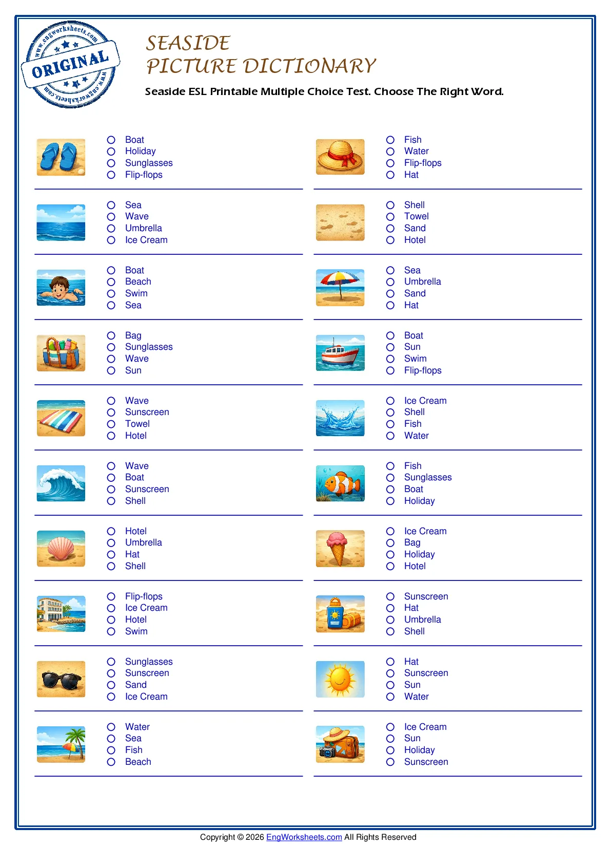 Seaside ESL Printable Multiple Choice Test. Choose The Right Word. Worksheet Preview